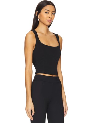 MetuCa Kadın Siyah Çift Katlı Sandy Kumaş Kare Yaka Kalın Askılı Crop Büstiyer Atlet