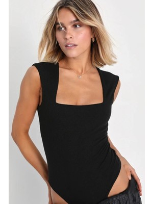 MetuCa Kadın Siyah Çift Katlı Sandy Kumaş Kare Yaka Kalın Askılı Çıtçıtlı Tanga Bodysuit