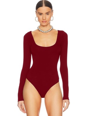 MetuCa Kadın Bordo U Yaka Uzun Kollu Çift Katlı Tanga Kesim Sandy Kumaş Bodysuit