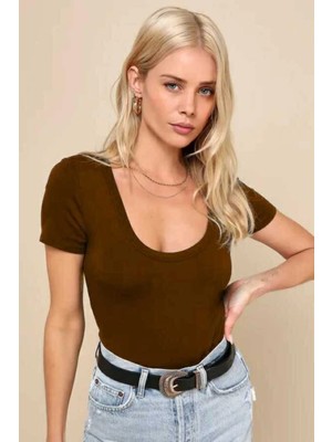 MetuCa Kadın Kahverengi U Yaka Kısa Kollu Çift Katlı Tanga Kesim Sandy Kumaş Bodysuit