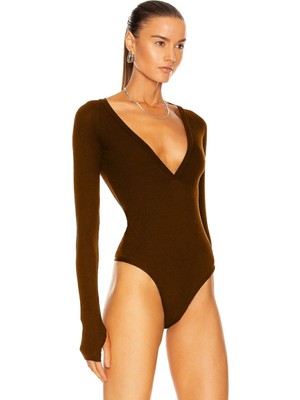 MetuCa Kadın Kahverengi V Yaka Uzun Parmak Geçmeli Kollu Çift Katlı Tanga Kesim Bodysuit