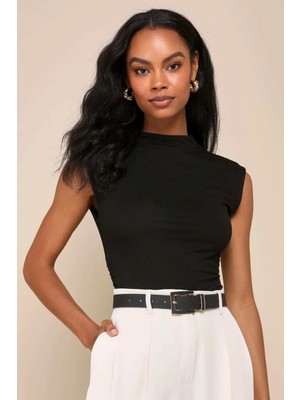 MetuCa Kadın Siyah Balıkçı Yaka Kolsuz Yan Büzgülü Çift Katlı Tanga Bodysuit