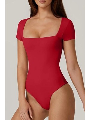 MetuCa Kadın Kırmızı Çift Katlı Sandy Kumaş Kare Yaka Kısa Kol Çıtçıtlı Tanga Bodysuit