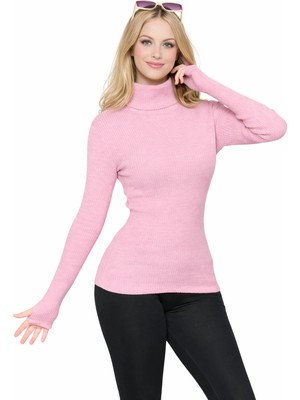 MetuCa Kadın Pembe Parmak Geçmeli Balıkçı Yaka Fitilli Uzun Kollu Triko Kazak