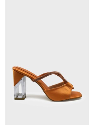 Kanuga Kadın Şeffaf Topuk Taş Detaylı Topuklu Sandalet Turuncu Saten BB2022-48