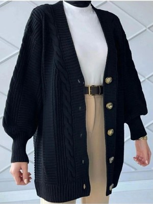 MetuCa Kadın Siyah Saç Örgü Desenli Düğmeli Balon Kol Oversize Uzun Triko Hırka