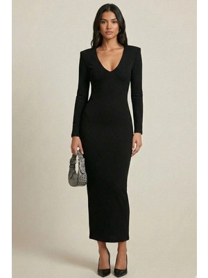 MetuCa Kadın Siyah V Yaka Uzun Kollu Sandy Kumaş Maxi Elbise