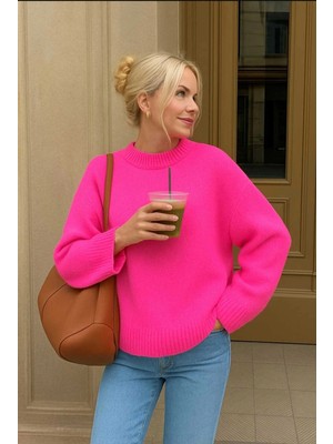 MetuCa Kadın Pembe Bisiklet Yaka Balon Kol Oversize Triko Kazak