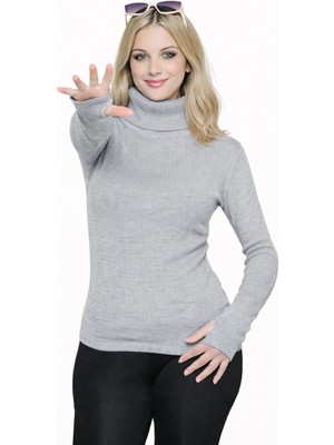MetuCa Kadın Gri Parmak Geçmeli Balıkçı Yaka Fitilli Uzun Kollu Triko Kazak