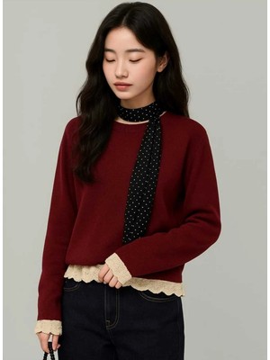 MetuCa Kadın Bordo Güpürlü Dantelli Oymalı Bisiklet Yaka Uzun Kollu Şık Bluz