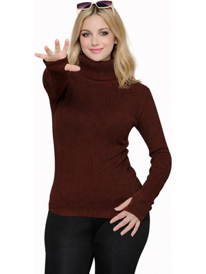 MetuCa Kadın Acı Kahve Balıkçı Yaka Fitilli Uzun Kollu Slim Fit Triko Kazak Bluz