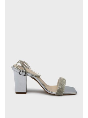 Kanuga Kadın Taşlı Topuklu Abiye Ayakkabı Gümüş SYMS-3064
