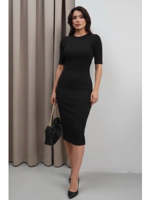 MetuCa Kadın Siyah Bisiklet Yaka Kısa Kollu Sandy Kumaş Midi Elbise