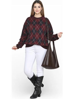 MetuCa Kadın Bordo Lacivert Baklava Desenli Bisiklet Yaka Triko Kazak