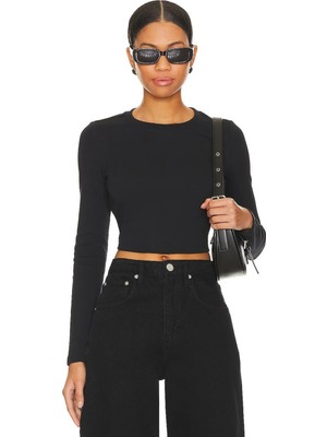 MetuCa Kadın Siyah Bisiklet Yaka Uzun Kollu Çift Katlı Sandy Kumaş Crop Bluz