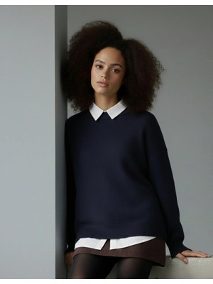 MetuCa Kadın Lacivert Bisiklet Yaka Balon Kol Oversize Triko Kazak