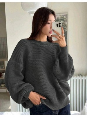 MetuCa Kadın Antrasit Selanik Örgü Bisiklet Yaka Oversize Salaş Triko Kazak