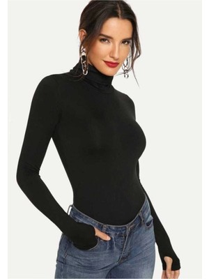 MetuCa Kadın Siyah Balıkçı Yaka Parmak Geçmeli Uzun Kollu Tanga Kesim Sandy Bodysuit