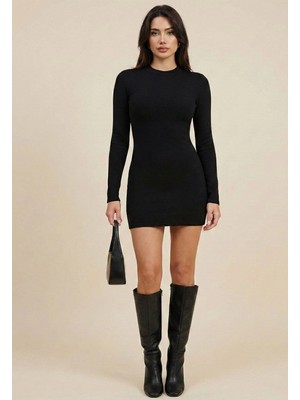 MetuCa Kadın Siyah Bisiklet Yaka Uzun Kollu Sandy Kumaş Mini Elbise