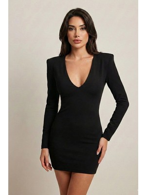 MetuCa Kadın Siyah Bisiklet Yaka Uzun Kollu Sandy Kumaş Mini Elbise