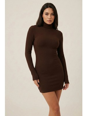 MetuCa Kadın Acı Kahve Balıkçı Yaka Uzun Kollu Sandy Kumaş Mini Elbise