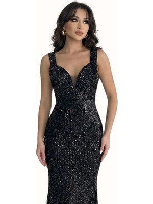 MetuCa Kadın Siyah Kalp Yaka Kruvaze Bel Dekolteli Payetli Balık Abiye Elbise