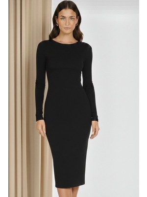 MetuCa Kadın Siyah Bisiklet Yaka Uzun Kollu Sandy Kumaş Kalem Midi Elbise