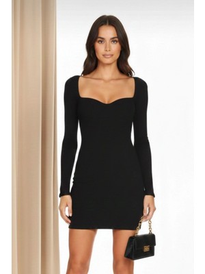 MetuCa Kadın Siyah Kare Yaka Uzun Kollu Sandy Kumaş Mini Elbise