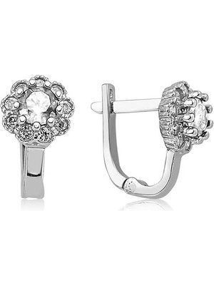 Pileli Store Gümüş Beyaz Çiçek Desenli Yuvarlak J Kadın Küpe