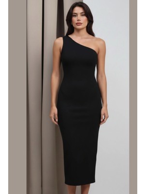 MetuCa Kadın Siyah Tek Omuz Kolsuz Sandy Kumaş Maxi Elbise