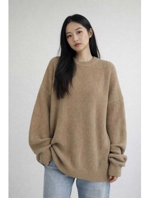 MetuCa Kadın Vizon Selanik Örgü Bisiklet Yaka Oversize Salaş Triko Kazak