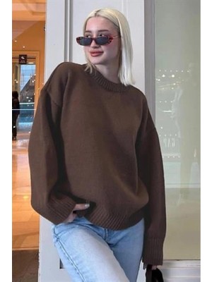 MetuCa Kadın Kahverengi Bisiklet Yaka Balon Kol Oversize Triko Kazak