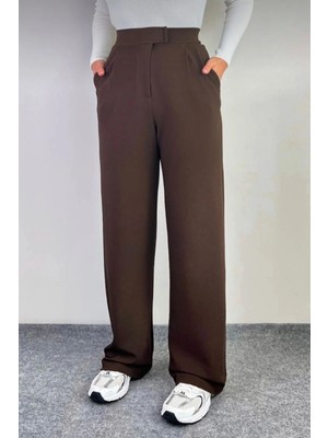 MetuCa Kadın Kahverengi Yüksek Bel Cırtlı Pileli Cepli Geniş Paça Krep Kumaş Pantolon