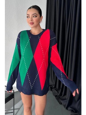 MetuCa Kadın Lacivert Baklava Desenli Renk Bloklu Oversize Triko Kazak