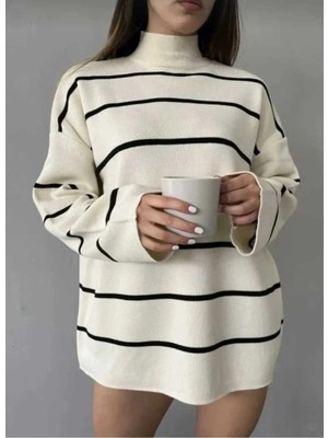 MetuCa Kadın Ekru Siyah Çizgili Yarım Balıkçı Yaka Oversize Uzun Triko Kazak Tunik