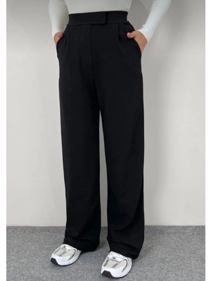 MetuCa Kadın Siyah Yüksek Bel Cırtlı Pileli Cepli Geniş Paça Krep Kumaş Pantolon