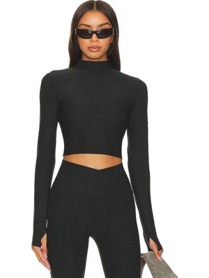 MetuCa Kadın Antrasit Balıkçı Yaka Parmak Geçmeli Uzun Kollu Çift Katlı Crop Bluz