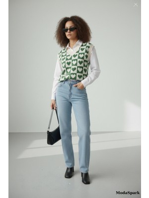 MetuCa Kadın Yeşil Beyaz Dama ve Kalp Desenli V Yaka Triko Süveter