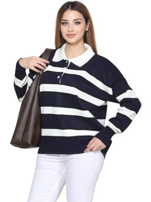 MetuCa Kadın Lacivert Polo Yaka Çizgili Düğmeli Oversize Triko Kazak