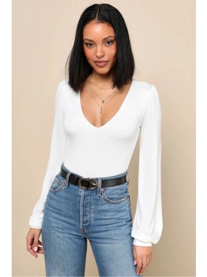 MetuCa Kadın Beyaz V Yaka Balon Kol Çift Katlı Tanga Kesim Sandy Kumaş Bodysuit