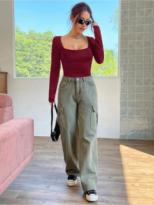 MetuCa Kadın Bordo Kare Yaka Uzun Kollu Çift Katlı Tanga Kesim Sandy Bodysuit