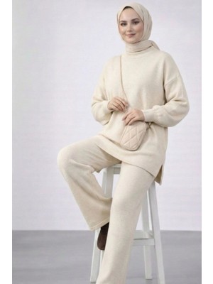 MetuCa Kadın Ekru Balon Kol Oversize Triko Tunik Pantolon Ikili Takım