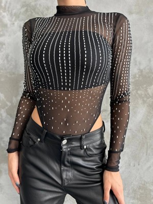 MetuCa Kadın Siyah Balıkçı Yaka Kristal Taşlı Transparan Tül Tanga Kesim Bodysuit