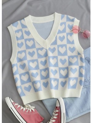 MetuCa Kadın Mavi Beyaz Dama ve Kalp Desenli V Yaka Triko Süveter