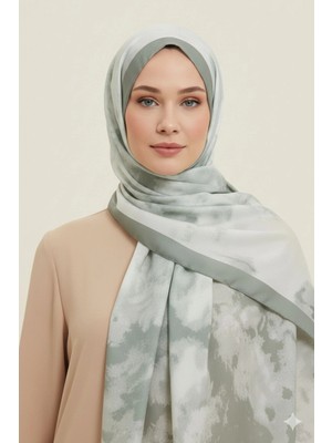 MetuCa Kadın Açık Yeşil Ebruli Desenli Çerçeveli Pamuklu Soft Mevsimlik Tesettür Şal