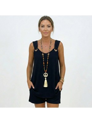 MetuCa Kadın Siyah Ayrobin Kumaş Halka Detaylı Askılı Şortlu Ikili Takım