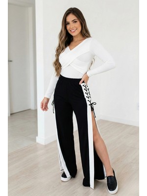 MetuCa Kadın Siyah Beyaz Şeritli Bağlamalı Yırtmaçlı Viskon Iki Iplik Pantolon