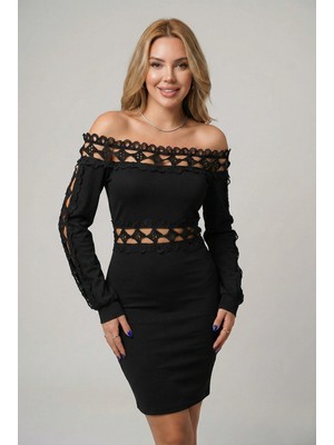 MetuCa Kadın Siyah Madonna Yaka Uzun Kollu Dantelli Mini Dalgıç Elbise