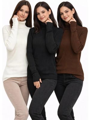 MetuCa Kadın 3'lü Paket Siyah Ekru Kahve Parmak Geçmeli Triko Kazak Seti