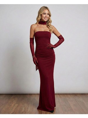 MetuCa Kadın Bordo Straplez Boynu Tül Detaylı Büzgülü Scuba Krep Abiye Elbise